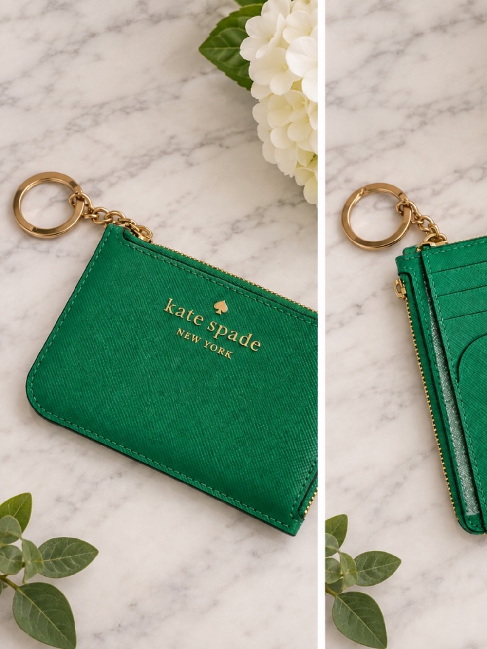 Kate Spade Green Zip Card Holder Keychain Wallet